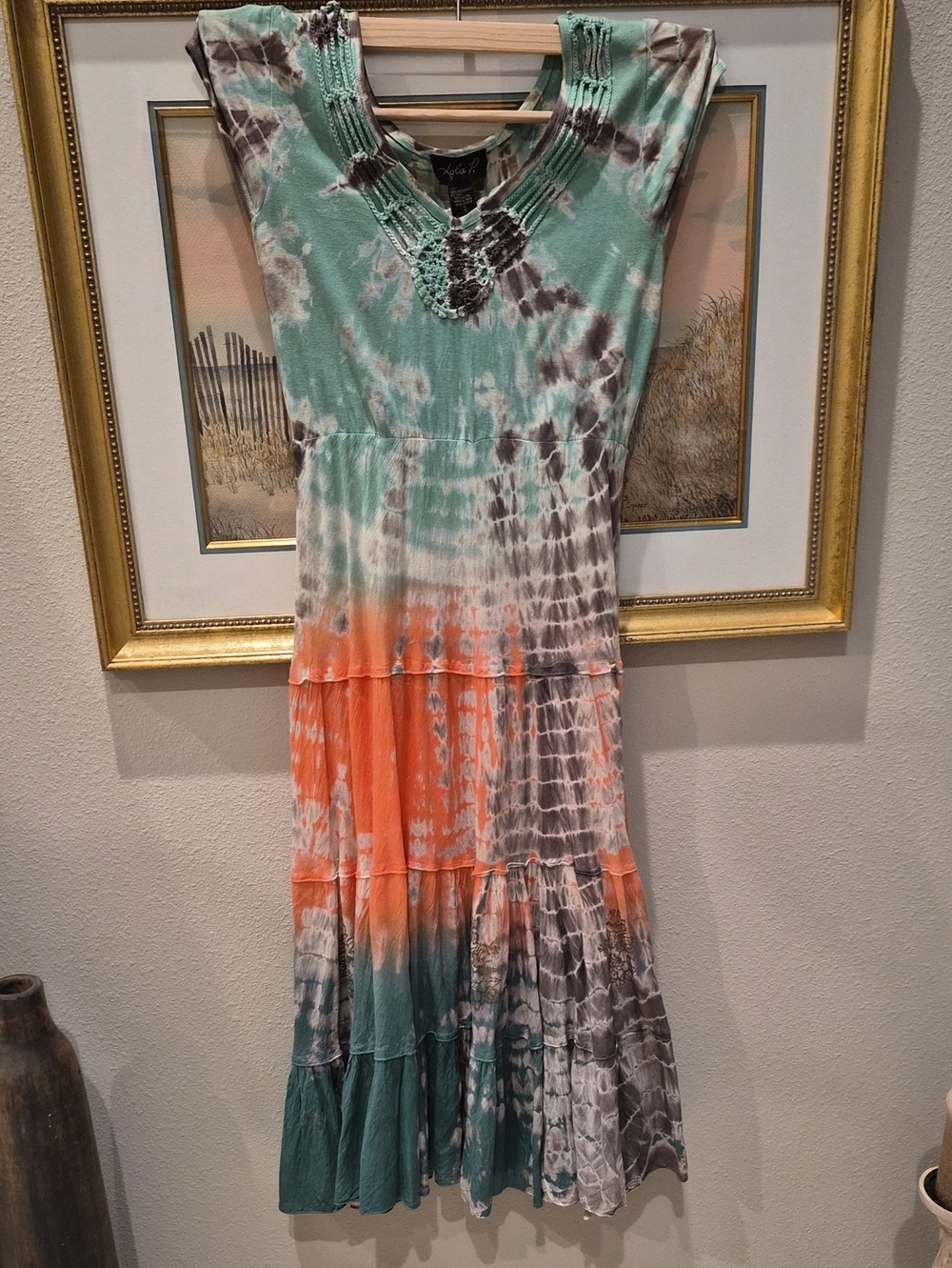 lola Tie-Dye Tiered Maxi Dress in Mint, Coral & Gray